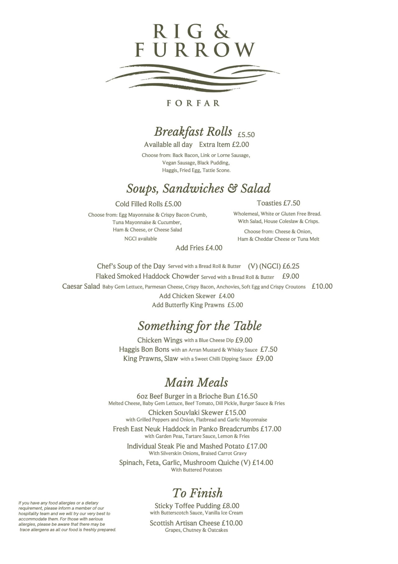 Rig & Furrow Day Menu