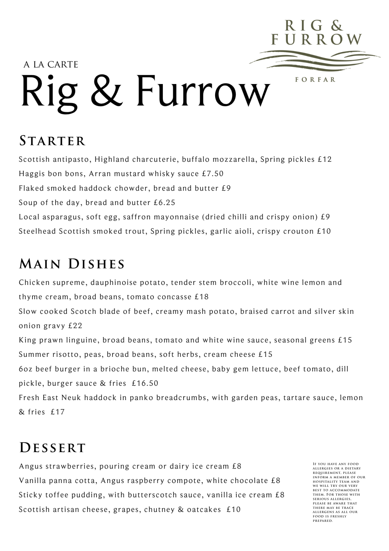 Rig & Furrow A la Carte Menu